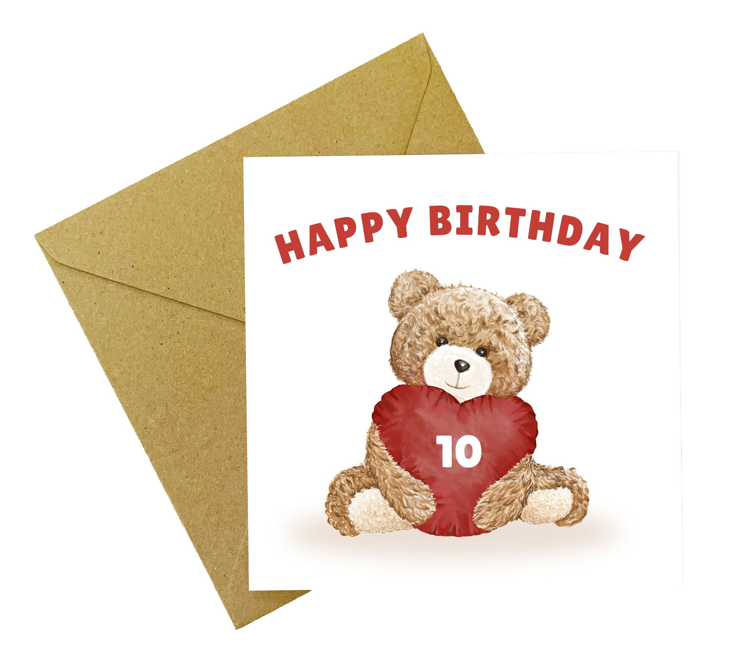 Teddy Bear Birthday Card for Boys and Girls – Heart Cushion with Age (1st, 2nd, 3rd, 4th, 5th, 6th, 7th, 8th, 9th, 10th or Any Age ) Children's Birthday Card – Brown Envelope Included