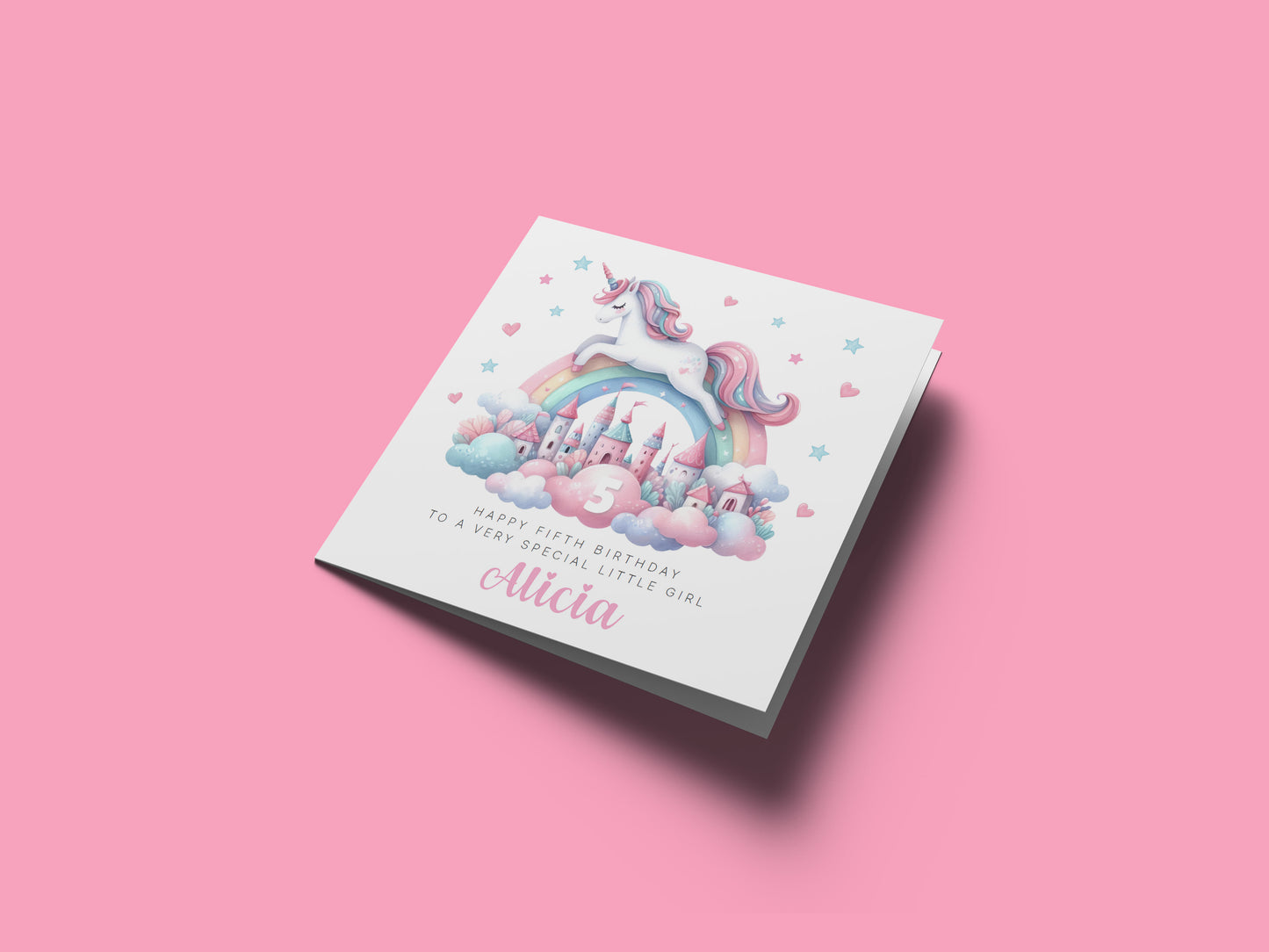 Personalised 5 Years Old 5th Birthday Card for Girls – Magical Unicorn Design with Custom Name & Message - Age 5 Birthday Card for Kids Children Daughter Granddaughter Niece - Pink Envelope Included