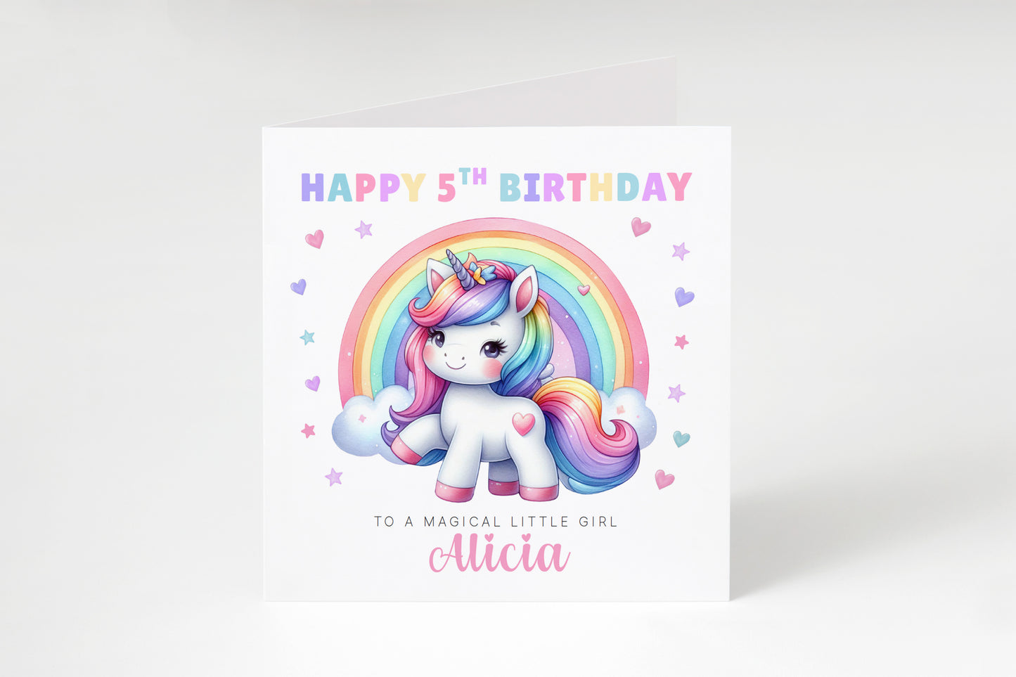 Personalised 5 Years Old 5th Birthday Card for Girls – Magical Unicorn Design with Custom Name & Message - Age 5 Birthday Card for Kids Children Daughter Granddaughter Niece - Purple Envelope Included