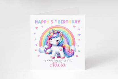 Personalised 5 Years Old 5th Birthday Card for Girls – Magical Unicorn Design with Custom Name & Message - Age 5 Birthday Card for Kids Children Daughter Granddaughter Niece - Purple Envelope Included
