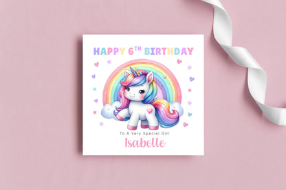 Personalised 6 Years Old 6th Birthday Card for Girls – Magical Unicorn Design with Custom Name & Message - Age 6 Birthday Card for Kids Children Daughter Granddaughter Niece - Purple Envelope Included