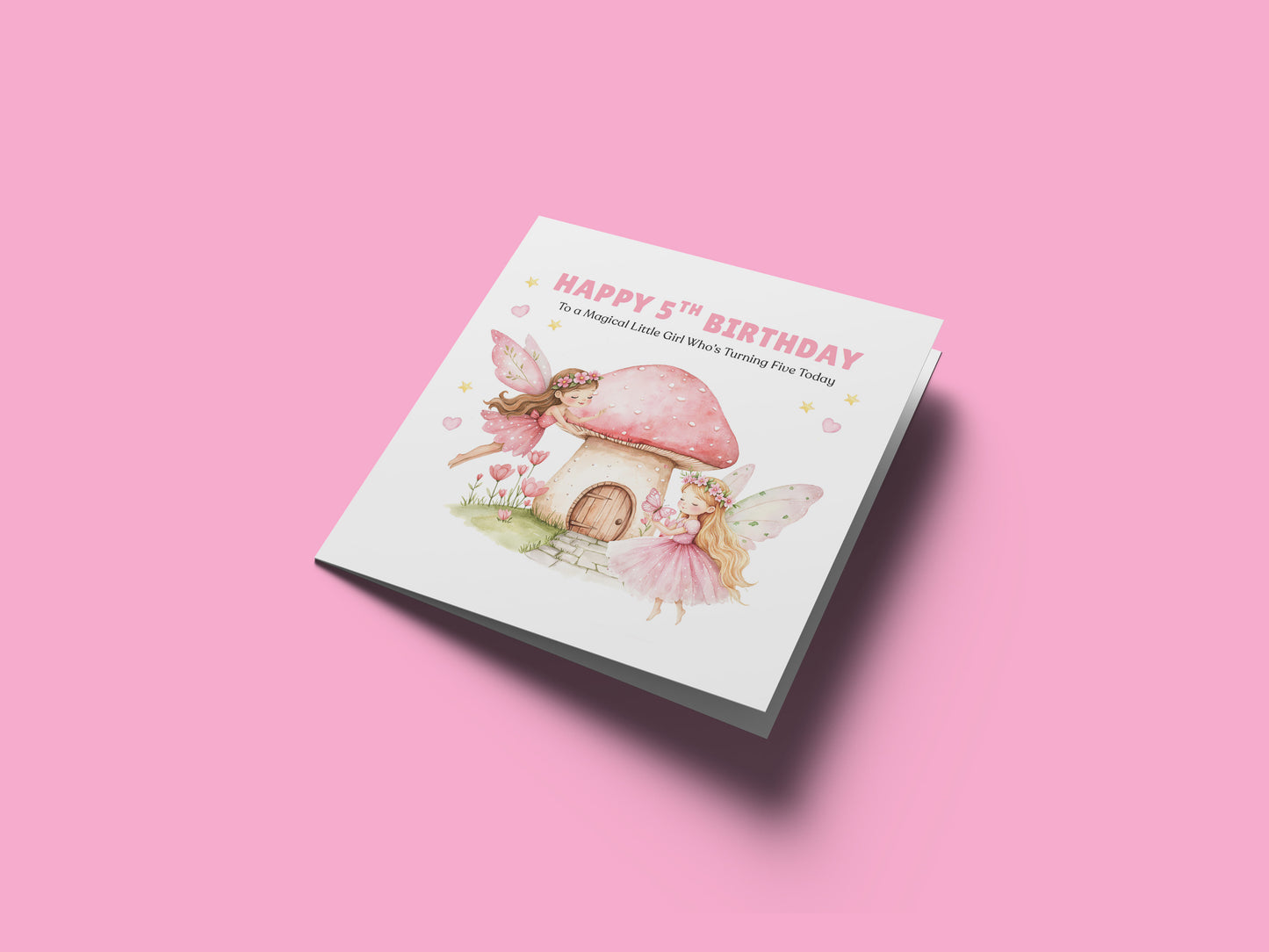 Fairy 5 Years Old 5th Birthday Card for Girls – Magical Fairy and Mushroom House Design for Age 5 Kids, Children, Daughter, Granddaughter, Niece - Pink Envelope Included