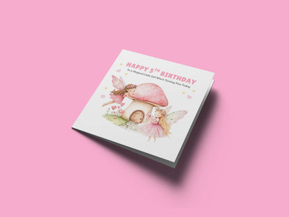 Fairy 5 Years Old 5th Birthday Card for Girls – Magical Fairy and Mushroom House Design for Age 5 Kids, Children, Daughter, Granddaughter, Niece - Pink Envelope Included