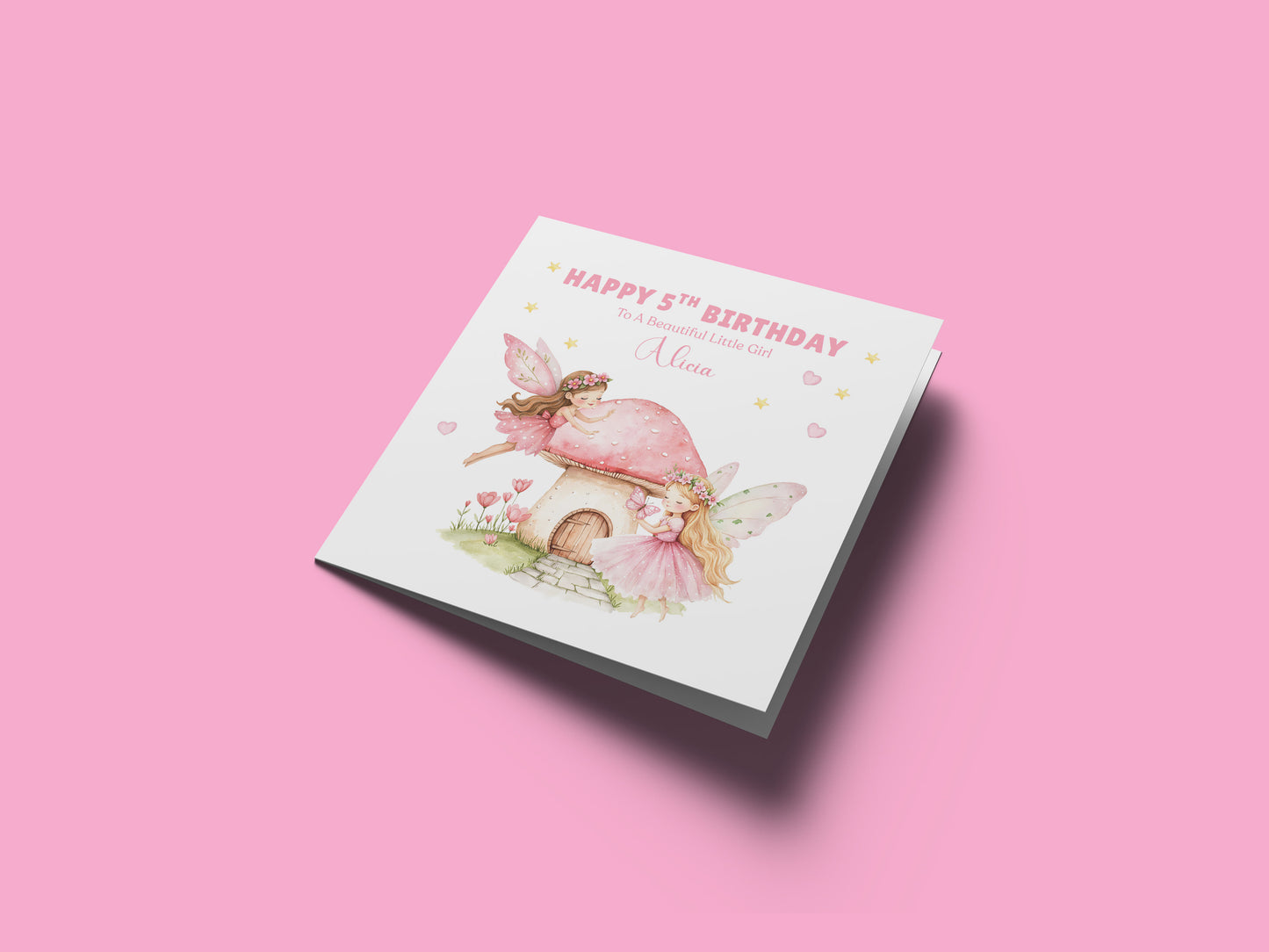 Personalised 5 Years Old 5th Birthday Card for Girls – Magical Fairy Design with Custom Name & Message - Age 5 Birthday Card for Kids Children Daughter Granddaughter Niece - Pink Envelope Included