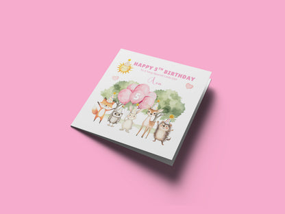 Personalised 5th Birthday Card for Girls – Woodland Animals Design with Custom Name and Message – Age 5 Years Old Birthday Card for Girls, Kids, Daughter, Granddaughter, Niece – Pink Envelope Included