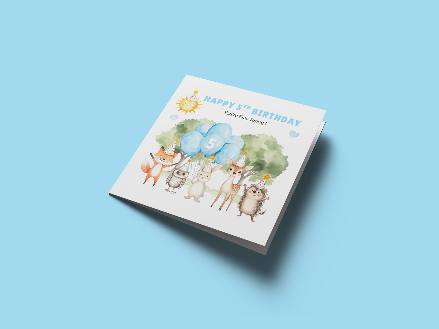 Woodland Animals 5th Birthday Card for Boys – Forest Animals Design Birthday Card for Age 5 Years Old Boy, Kids, Children, Son, Grandson, Nephew – Blue Envelope Included