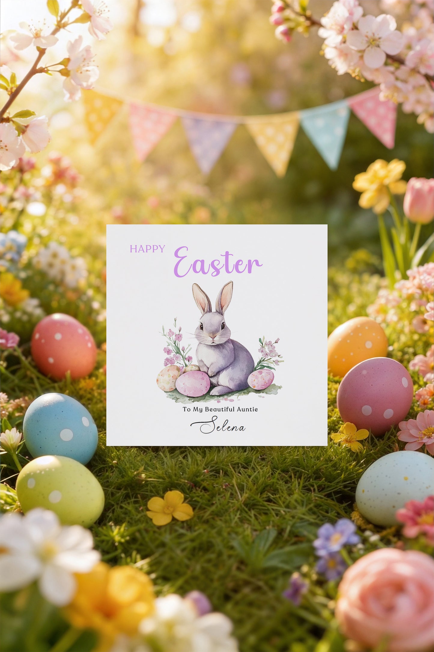 Personalised Happy Easter Card with Custom Name and Message - Purple Bunnies with Easter Eggs Design for Her, Mum, Grandma, Auntie, Daughter, Granddaughter, Niece, Girls – Purple Envelope Included (Copy)