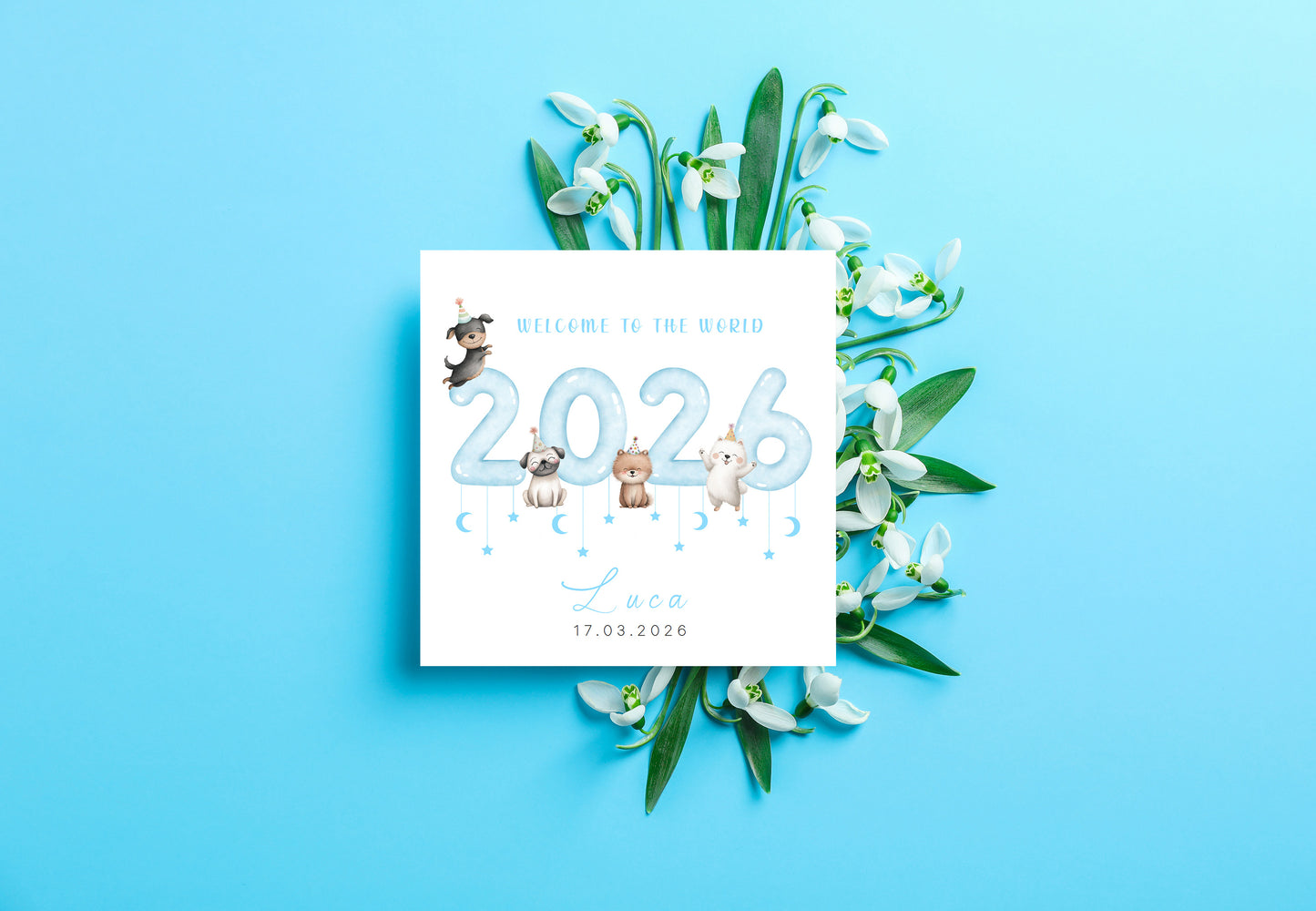 Personalised New Baby Boy Card Congratulations for Newborn Boy, Welcome To The World Card, Baby Shower for Son, Grandson, Nephew - Cute Puppy Dogs Design with Custom Name and Date with Blue Envelope