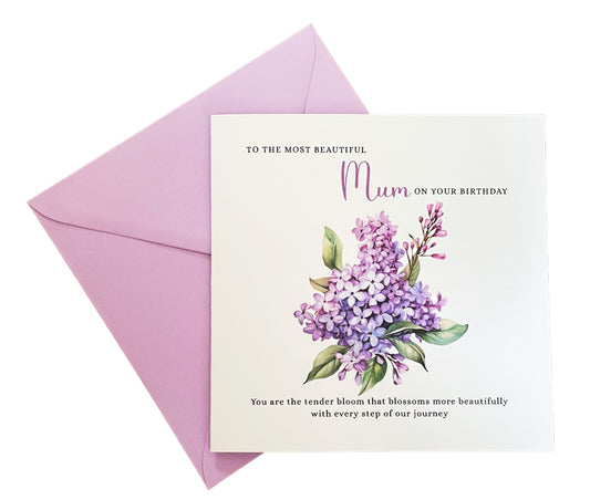 Lilac Floral Birthday Card – Watercolour Flowers for Mum or Mother - Purple Envelope Included