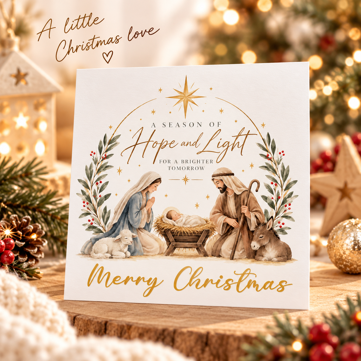 Nativity Christmas Card - Mary, Joseph, Baby Jesus and Twinkling Stars Design - Elegant Religious Christmas Greeting Card