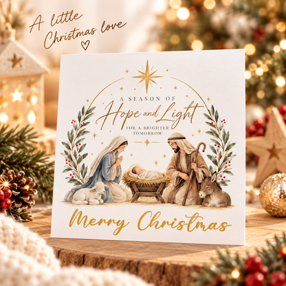 Nativity Christmas Card - Mary, Joseph, Baby Jesus and Twinkling Stars Design - Elegant Religious Christmas Greeting Card