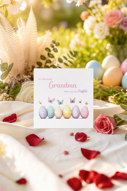 Happy Easter Card with Butterfly with Easter Eggs Design for Mum, Auntie or Grandma –  Spring Easter Car for Her and Family - Pink Envelope Included