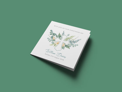 Personalised Christening Card for Boys or Girls – Elegant Greenery Cross Design with Custom Name and Date - Baptism Card for Son, Daughter, Grandson, Granddaughter, Nephew, Niece with Green Envelope
