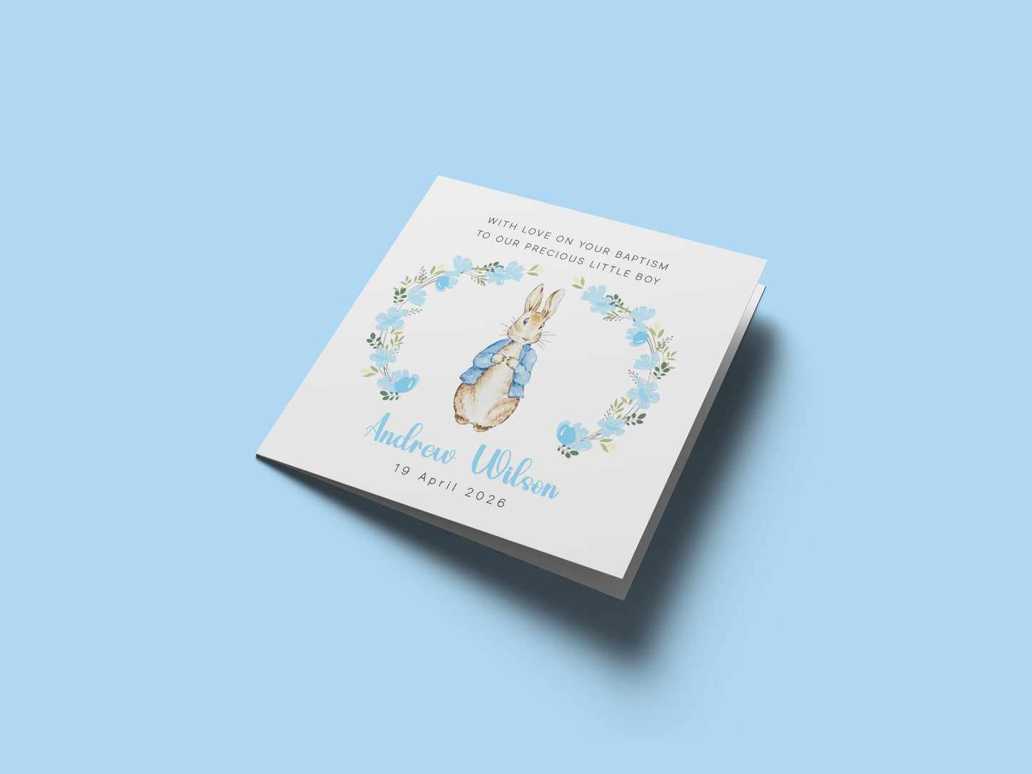 Personalised Christening Card for Boy – Custom Baptism Card with Message, Name & Date -  Blue Bunny Floral Wreath Design – Baptism Card for Boys, Son, Grandson, Nephew with Blue Envelope