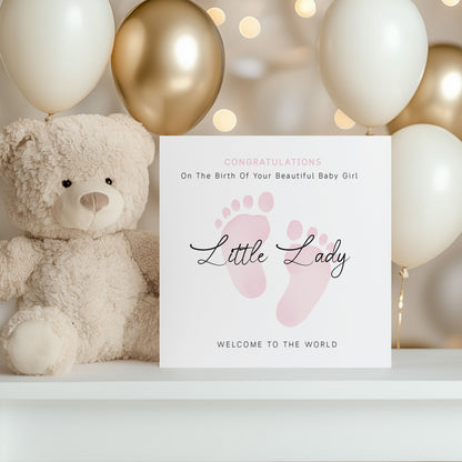 New Baby Girl Card Congratulations for Newborn Girl, Welcome To The World Card, Baby Shower for Daughter, Granddaughter, Niece, Little One - Baby Feet Design - Pink Envelope Included