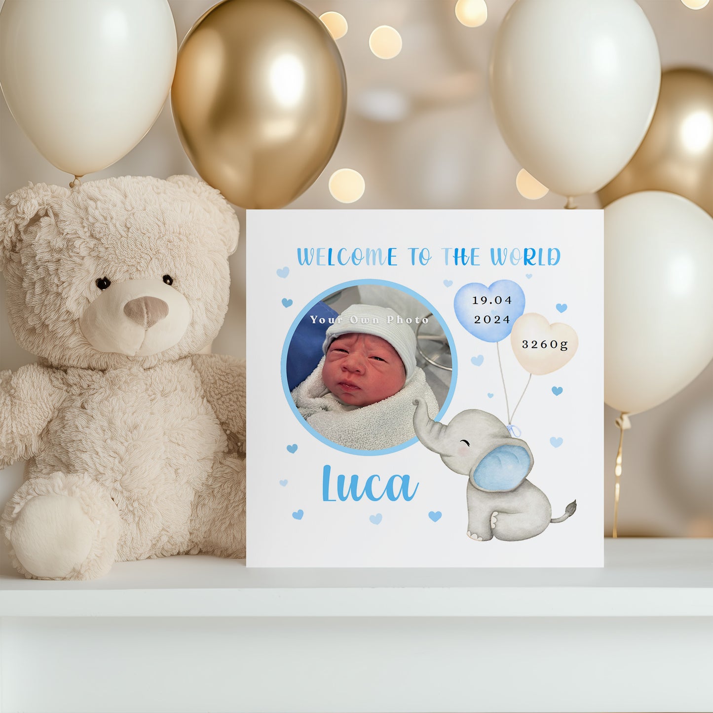 Personalised Photo New Baby Boy Card Congratulations for Newborn Boy, Welcome To The World Card for Son, Grandson, Nephew with Cutstom Photo Frame, Name, Birth Date & Weight with Blue Envelope
