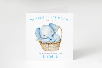Personalised New Baby Boy Card Congratulations for Newborn Son, Grandson, Nephew, Welcome To The World Card - Elephant Design with Custom Date, Name and Message - Blue Envelope Included