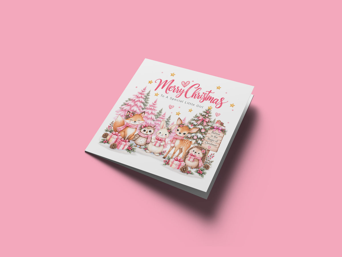 Pink Forest Christmas Card for Girls – Cute Christmas Woodland Animals