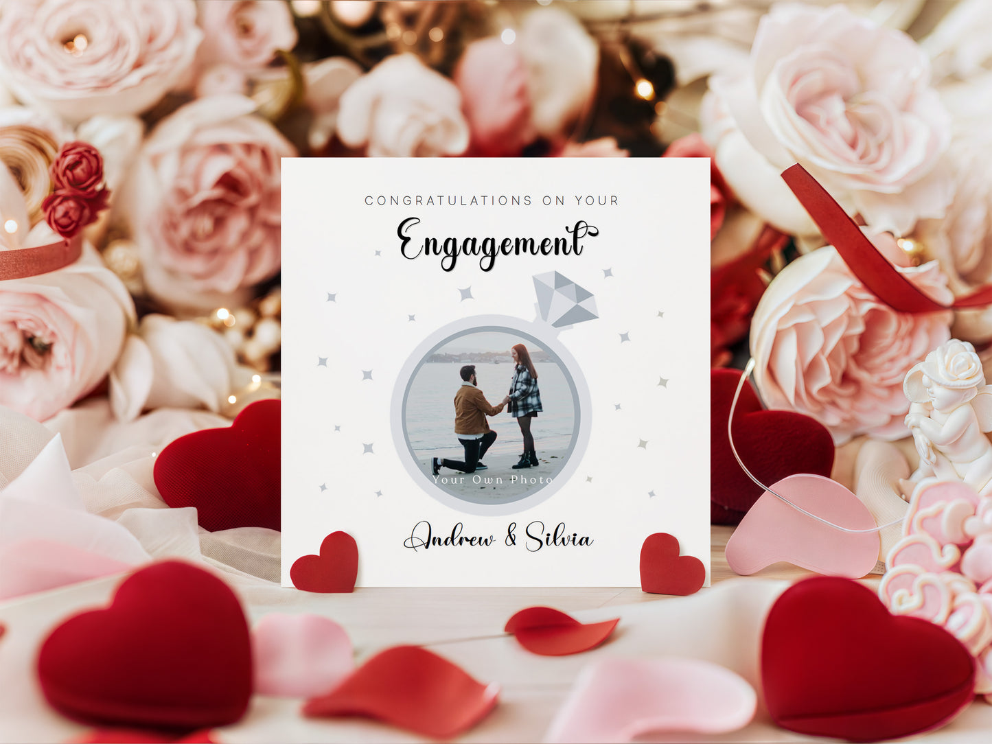 Personalised Photo Engagement Card – Custom Photo & Couple's Names - Diamond Ring Photo Frame Design - Congratulations Engagement Card for Newly Engaged Couples - Kraft Envelope Included