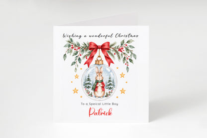 Personalised Christmas card for Boys – Red Bunny in a Christmas Bauble
