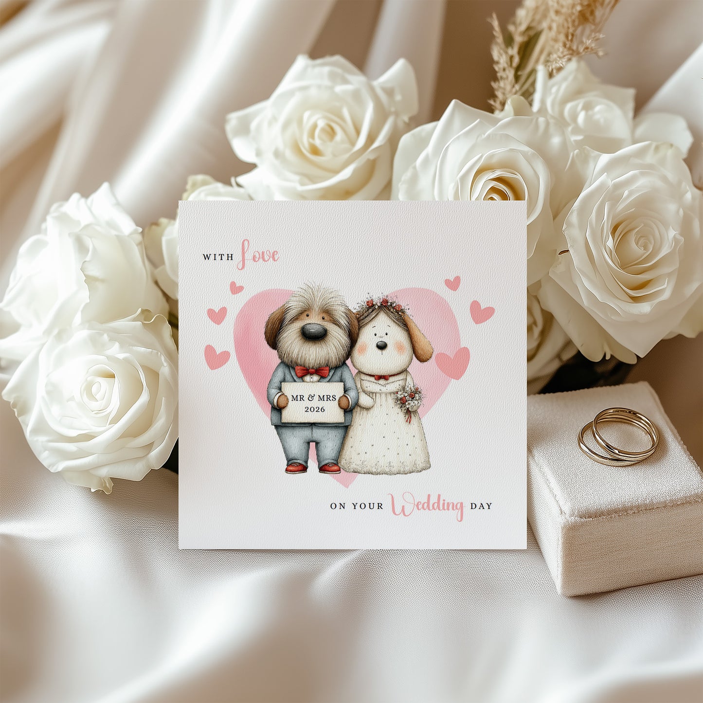 Cute Dog Wedding Card – Wedding Congratulations Card – Adorable Animal Wedding Card – Romantic Wedding Day Card for Newlywed couples, Dog Lovers, Him or Her – Pink Envelope Included