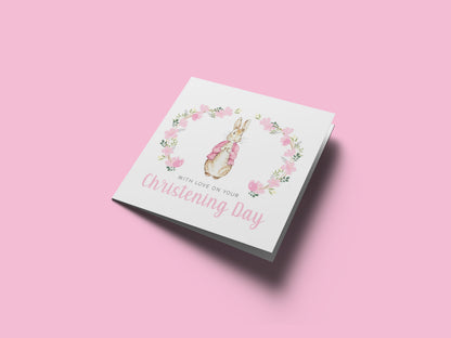Christening Card for Girl – Floral Wreath Bunny Design –With Love on Your Christening Day -  Religious Baptism Card for Girls, Daughter, Granddaughter, Niece with Pink Envelope