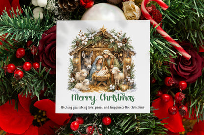 Nativity Christmas Card - Cute Sheep, Donkey, Baby Jesus Design - Elegant Religious Christmas Greeting Card