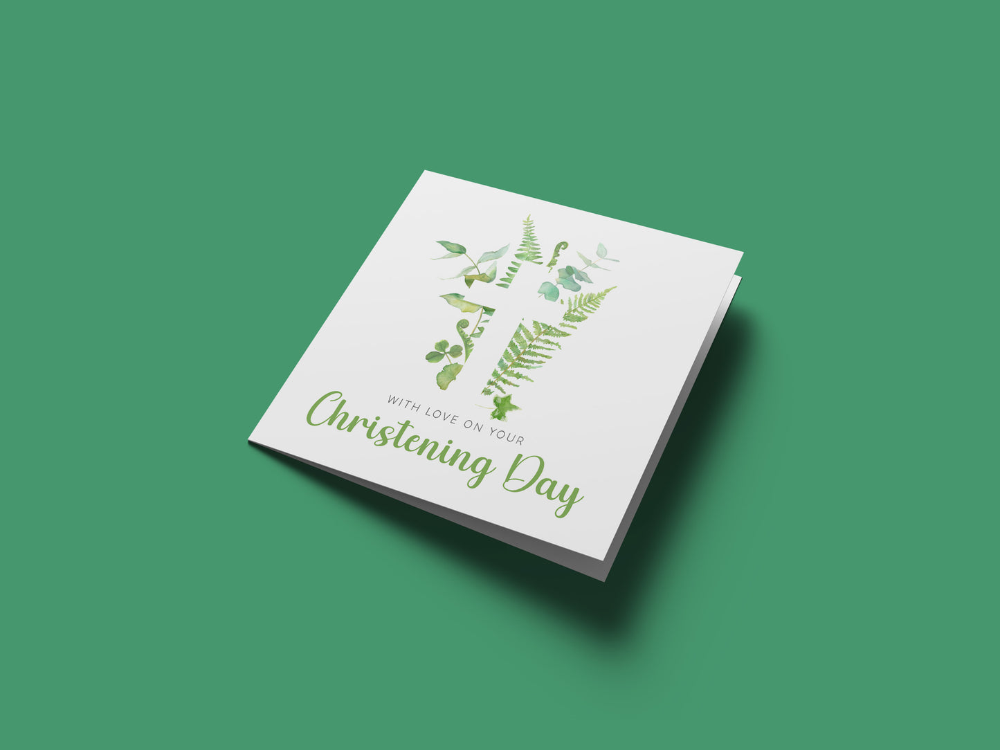 Christening Day/ Baptism Card for Boys or Girls - Elegant Religious Baptism Card with Green Botanical Cross for Son, Daughter, Grandson, Granddaughter, Nephew, Niece - Green Envelope Included