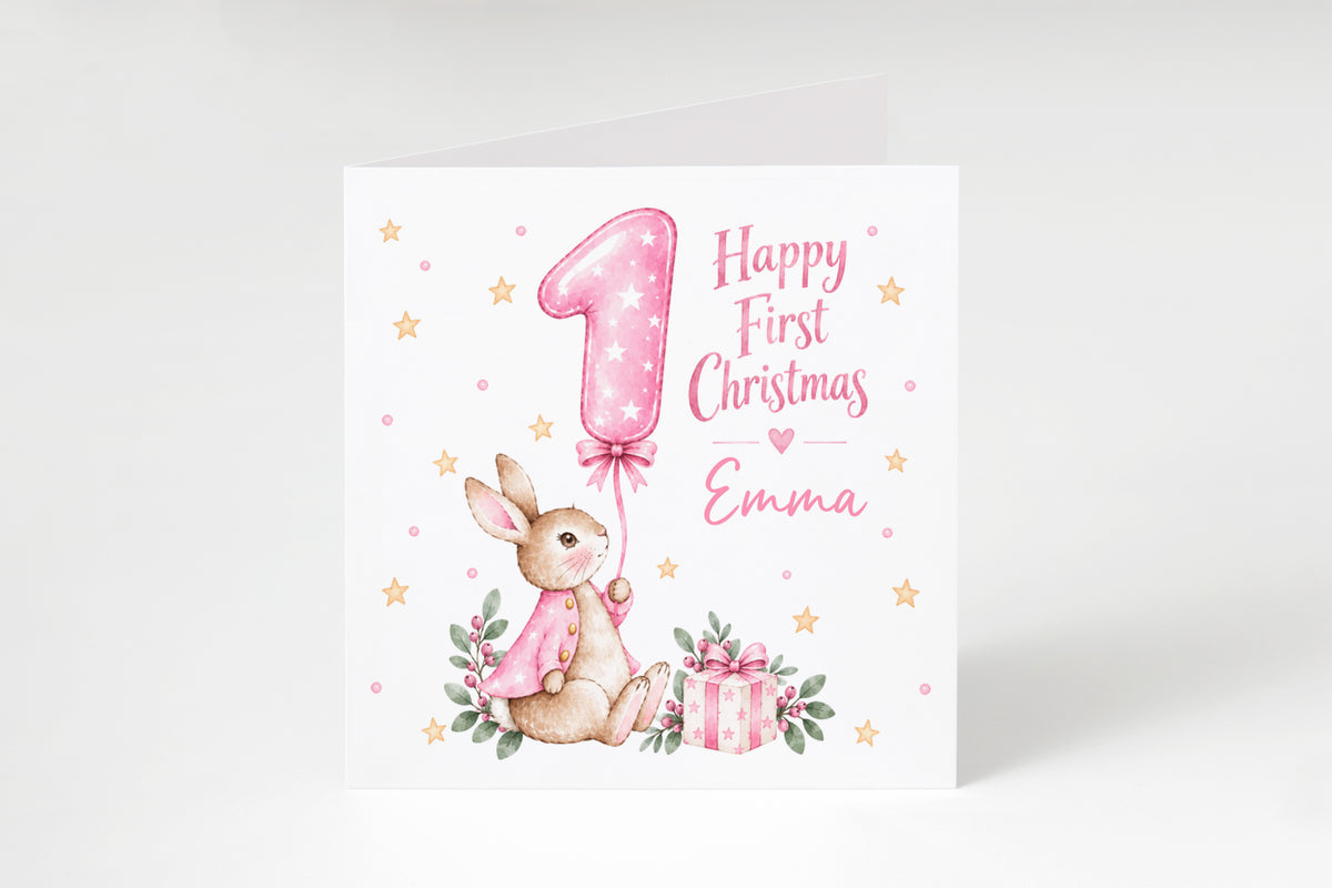 Personalised Baby Girl's First Christmas Card – Pink Cute Bunny Design