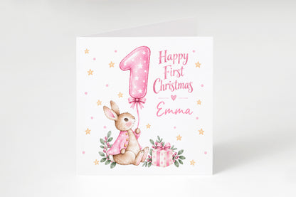 Personalised Baby Girl's First Christmas Card – Pink Cute Bunny Design