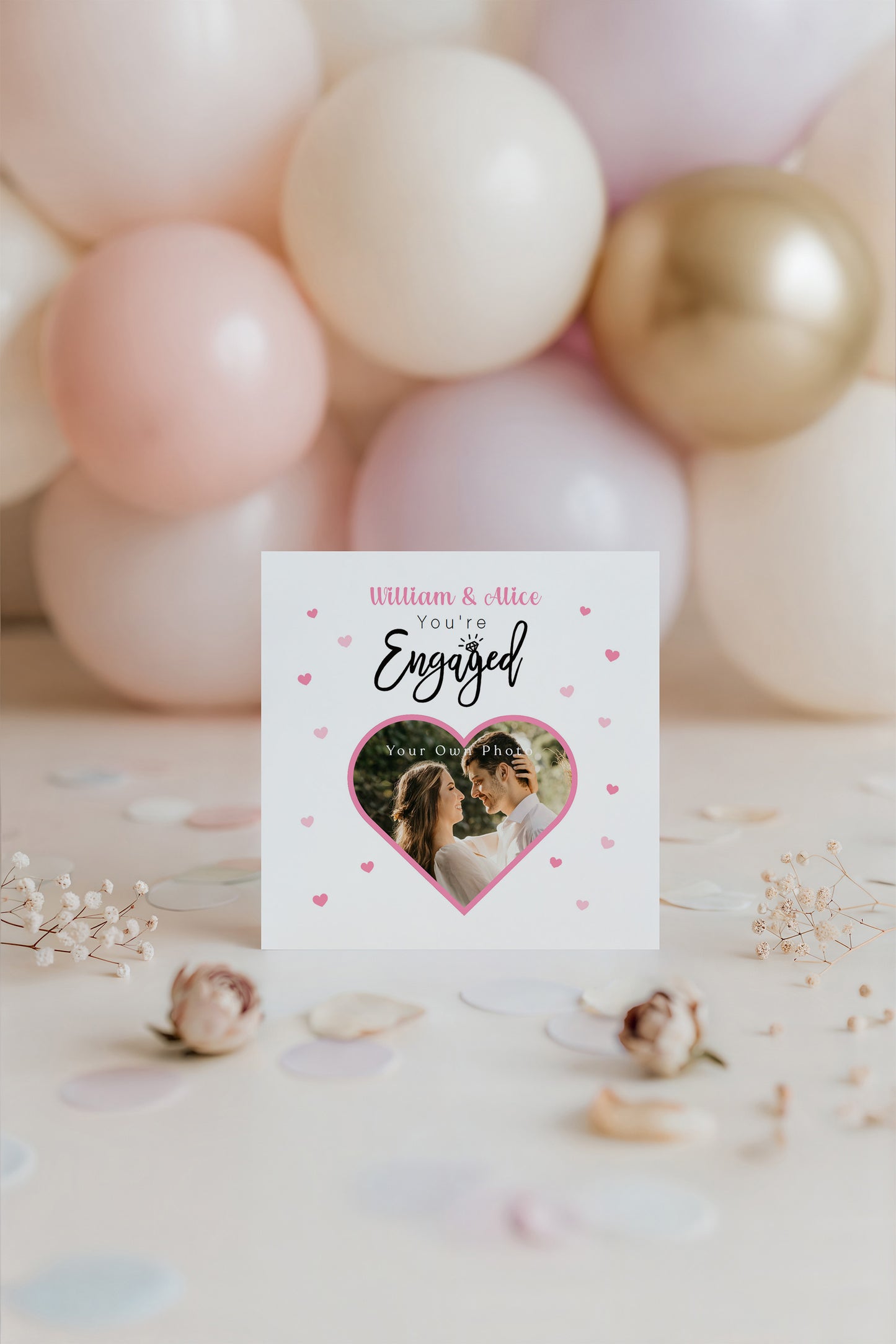 Personalised Photo Engagement Card – Custom Photo & Couple's Names - Heart Photo Frame Design - Congratulations Engagement Card for Newly Engaged Couples - Pink Envelope Included