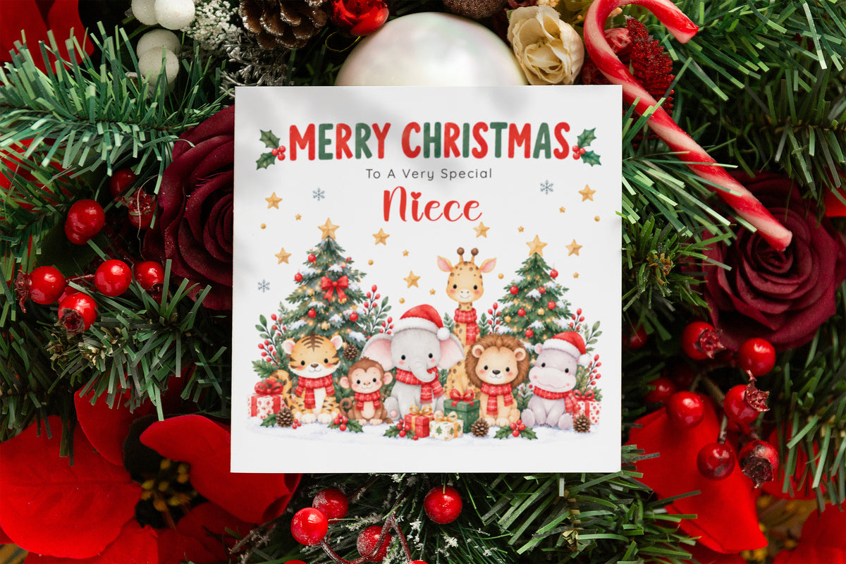 Jungle Animals Christmas Card for Niece - Cute Safari Animals Design