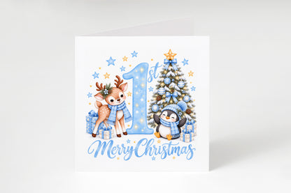 Baby Boy's 1st Christmas Card – Reindeer & Penguin Christmas Card