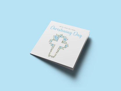 Baptism/ Christening Card for Boy – With Love On Your Christening Day - Roses & Cross Design – Religious Baptism Card for Boys, Son, Grandson, Nephew - Blue Envelope Included