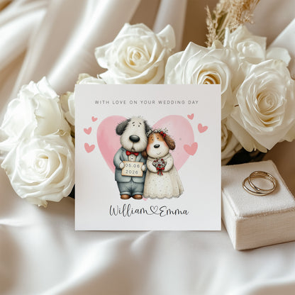 Personalised Wedding Card –with Custom Couple's Names & Wedding Date – Cute Dogs Design - Wedding Congratulations Card for Newlywed couples, Dog Lovers, Him or Her - Pink Envelope Included
