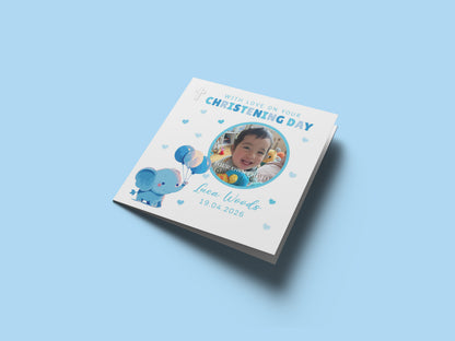 Personalised Photo Christening Card for Boy – Custom Baptism Card with Image, Name & Date -  Cute Blue Elephant Design – Baptism Card for Boys, Son, Grandson, Nephew with Blue Envelope