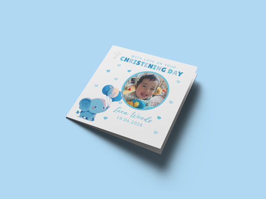 Personalised Photo Christening Card for Boy – Custom Baptism Card with Image, Name & Date -  Cute Blue Elephant Design – Baptism Card for Boys, Son, Grandson, Nephew with Blue Envelope