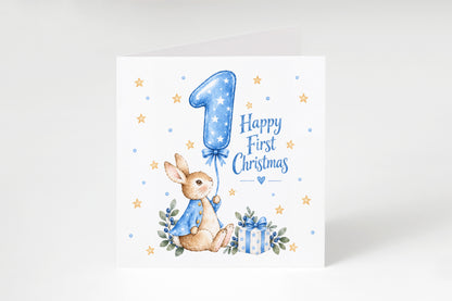 Happy Baby Boy's First Christmas Card – Blue Cute Bunny Design