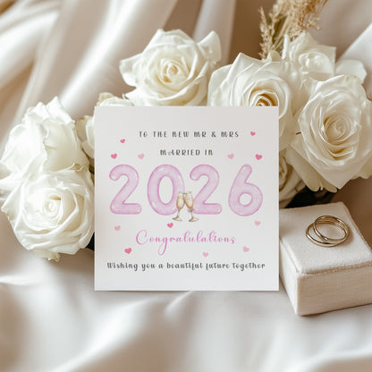 2026 New Mr & Mrs Wedding Card – Pink 2026 Champagne Toast Design – Congratulations Card for Newlyweds – Pink Envelope Included