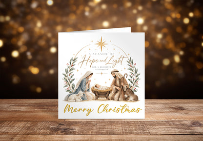 Nativity Christmas Card - Mary, Joseph, Baby Jesus and Twinkling Stars Design - Elegant Religious Christmas Greeting Card