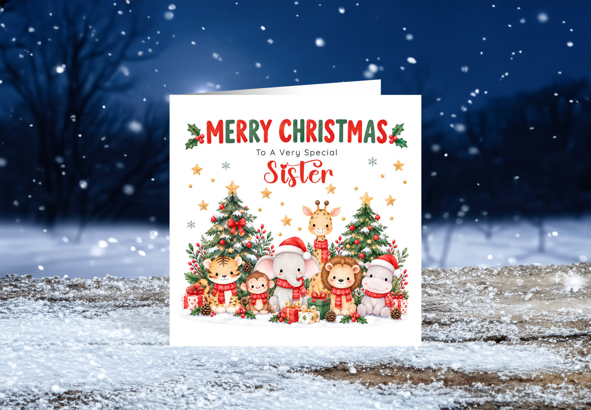 Jungle Animals Christmas Card for Sister - Cute Safari Animals Design