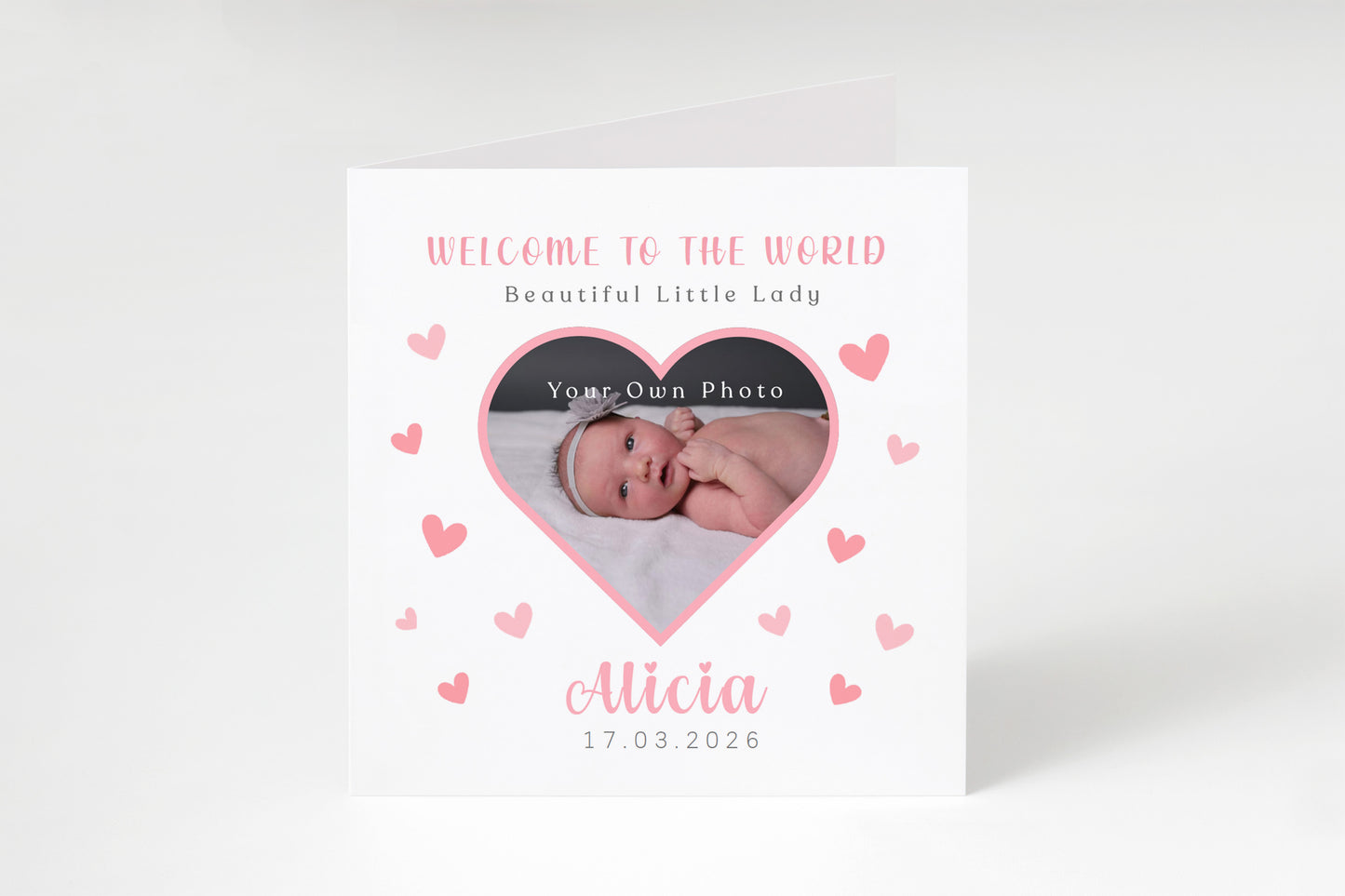 Personalised Phoro New Baby Girl Card Congratulations for Newborn Daughter, Granddaughter, Niece - Welcome To The World Card with Heart Frame Design - Custom Photo, Name & Date with Pink Envelope