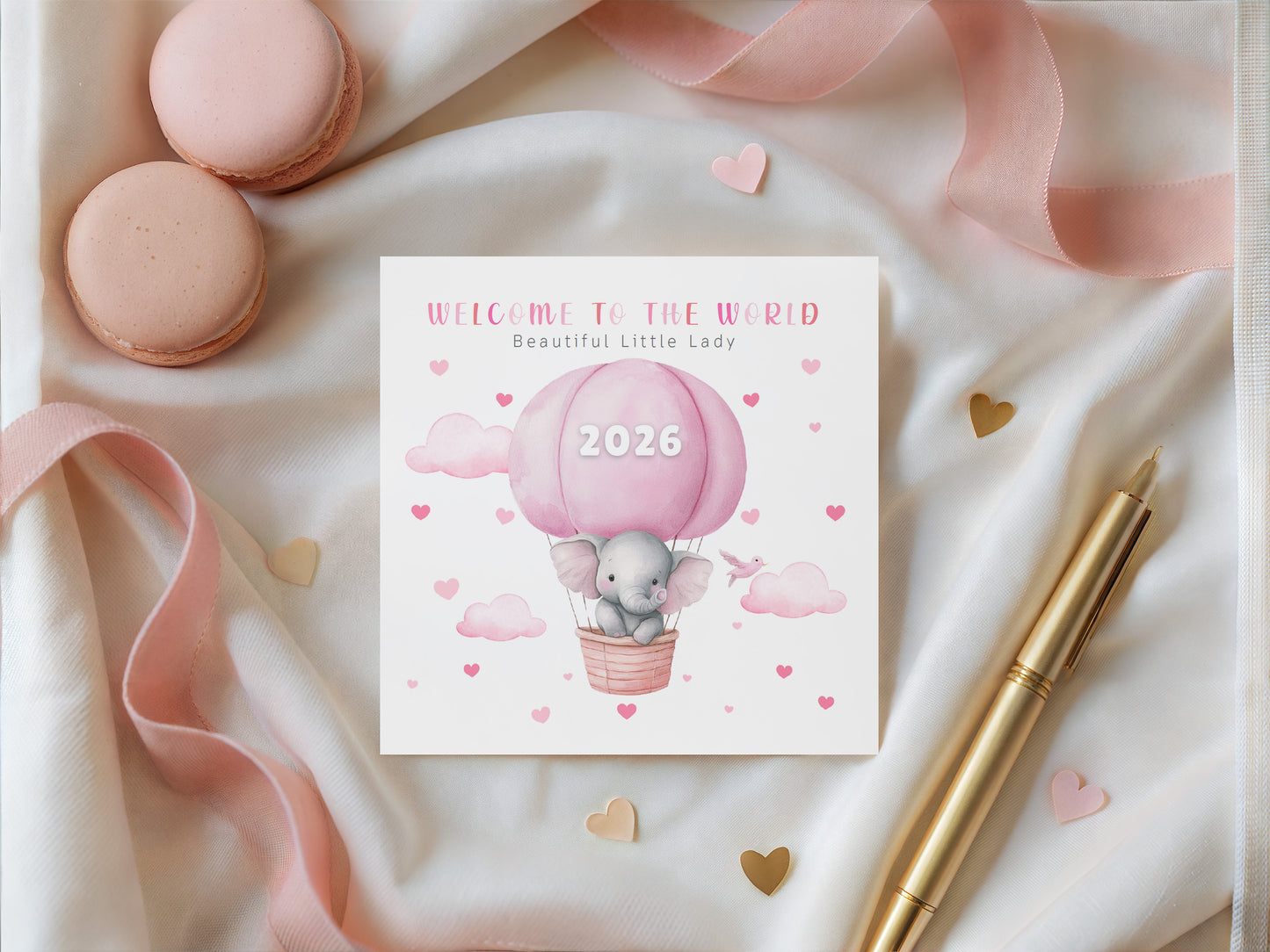 2026 New Baby Girl Card Congratulations for Newborn Daughter, Granddaughter, Niece, Little One - Welcome To The World Card with Elephant and Hot Air Balloon Design - Pink Envelope Included