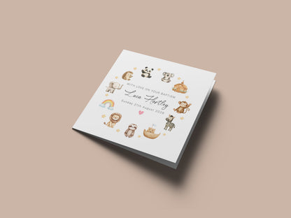 Personalised Christening Card for Boys or Girls – Cute Animals and Church Design with Custom Name and Date - Baptism Card for Son, Daughter, Grandson, Granddaughter, Nephew, Niece with Kraft Envelope