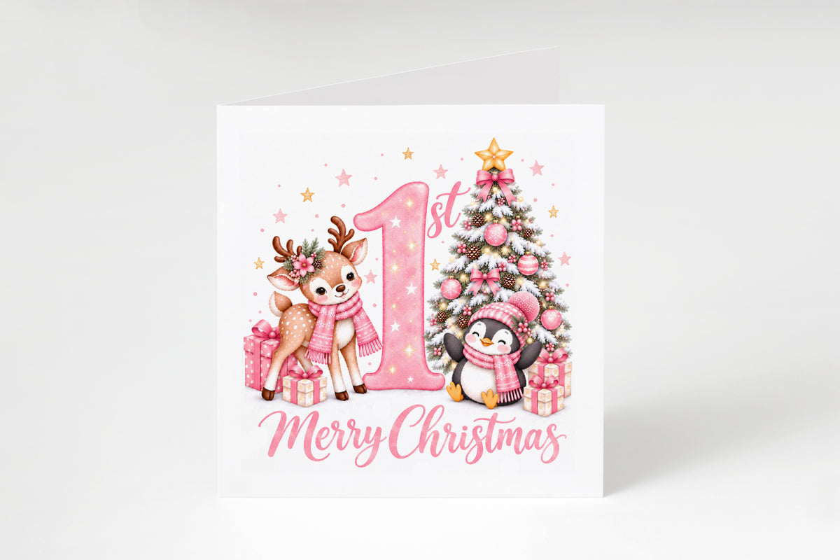 Baby Girl's 1st Christmas Card – Pink Reindeer & Penguin