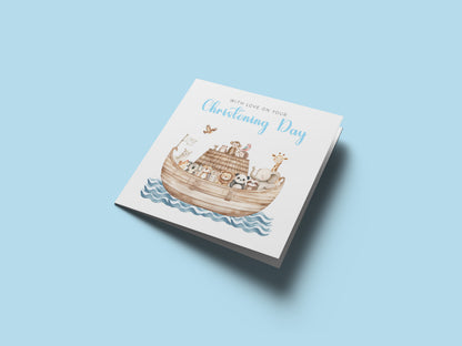 Christening Day Card for Boy – Noah's Ark and Cute Animals Design – With Love on Your Christening Day Religious Baptism Christening Card for Boys, Son, Grandson, Nephew with Blue Envelope