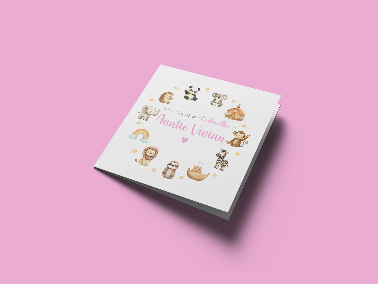 Personalised Godmother Proposal Card -  Will You Be My Godmother Card - Cute Animals Godmother Ask Card - Personalised Baptism Christening Day Proposal Card - Pink Envelope Included