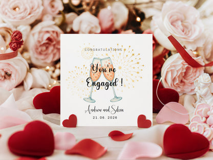 Personalised Engagement Card with Custom Couple's Name & Date – You’re Engaged Champagne Toast Design - Congratulations Card for Couples, Him or Her - Kraft Envelope Included