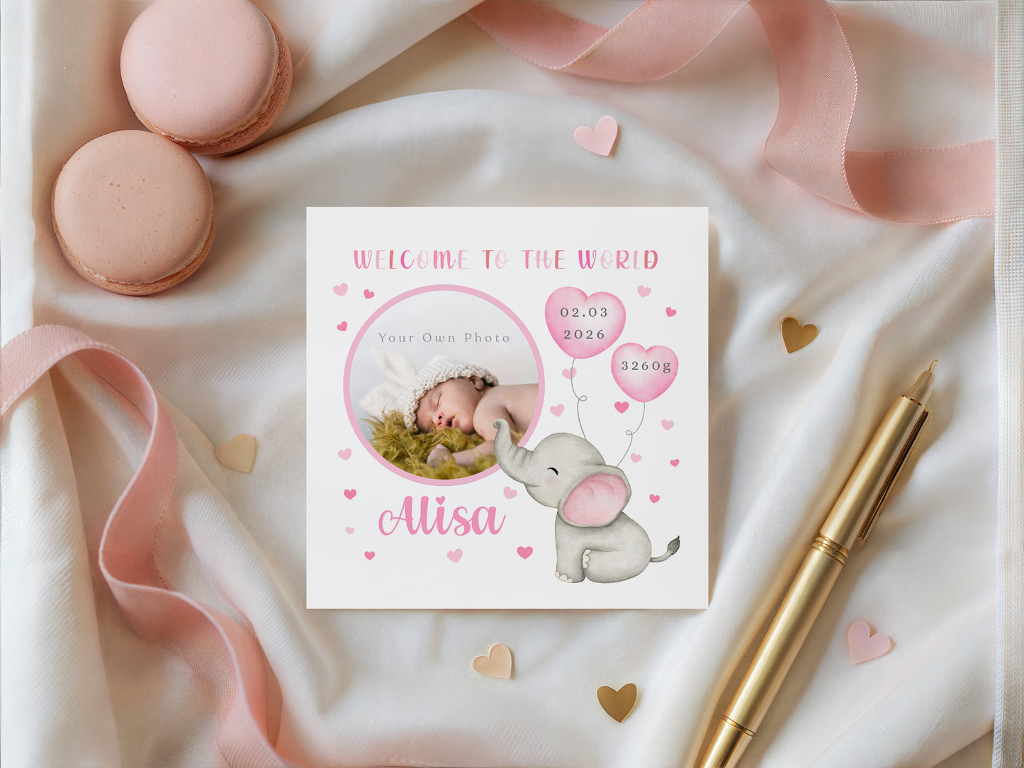Personalised Phoro New Baby Girl Card Congratulations for Newborn Daughter, Granddaughter, Niece - Welcome To The World Card - Custom Photo Frame with Name, Birth Date & Weight with Pink Envelope