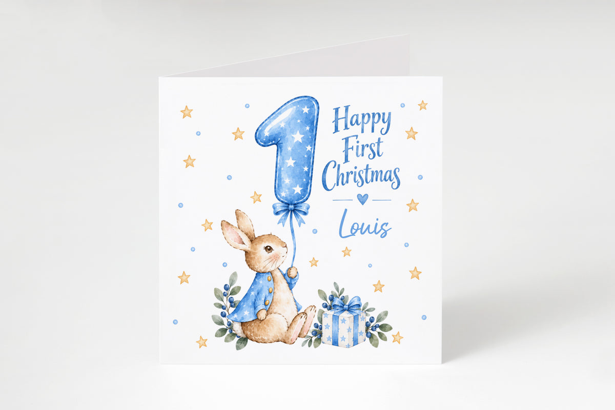Personalised Baby Boy’s First Christmas Card – Blue Cute Bunny Design